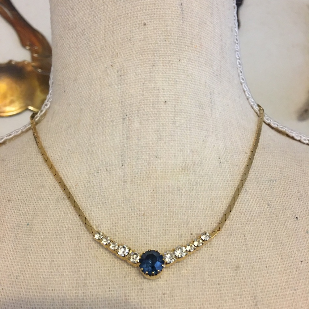 Vintage Blue & clear rhinestone necklace